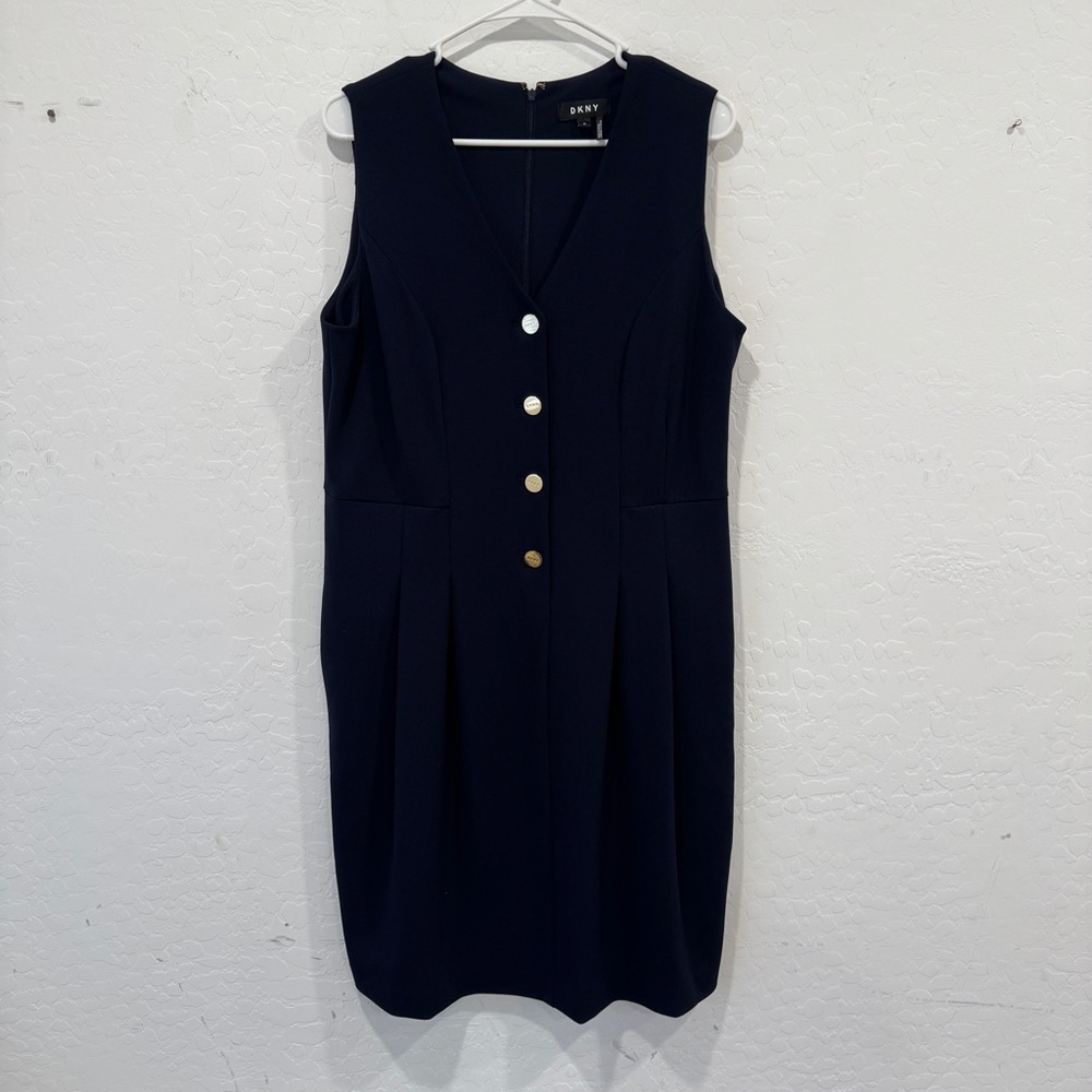 DKNY Navy Midi Dress Womens 14 Gold Button Front Business Casual Sleeveless